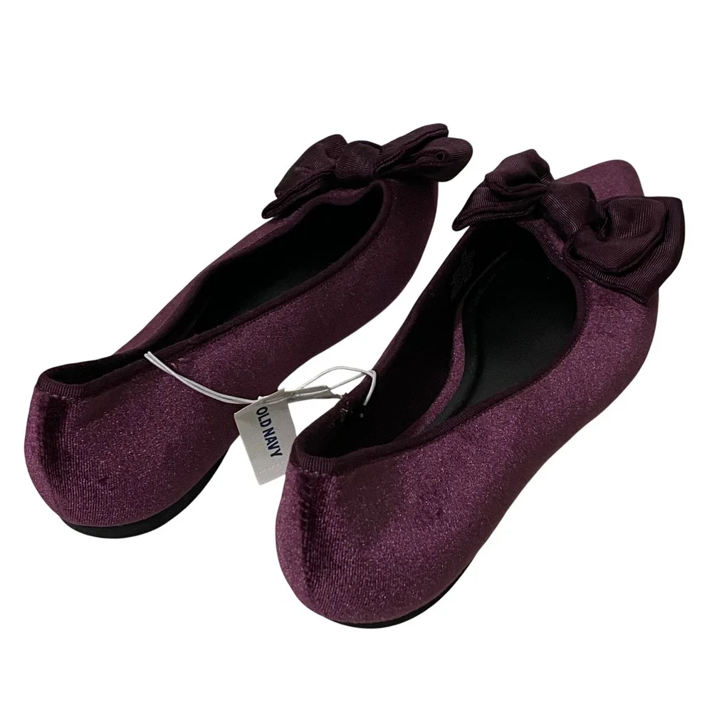 Old Navy Women Velvet Pointy Toe Flats Raisin Arizona Purple Bow Sz 8.5 Coquette